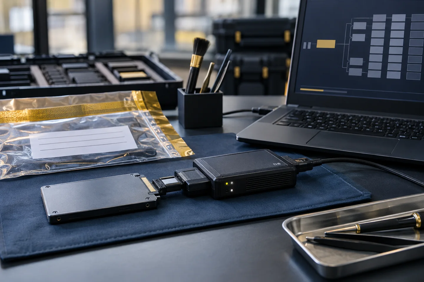 Illustrative scene: Digital storage, a write blocker and an evidence bag on a forensic workbench.