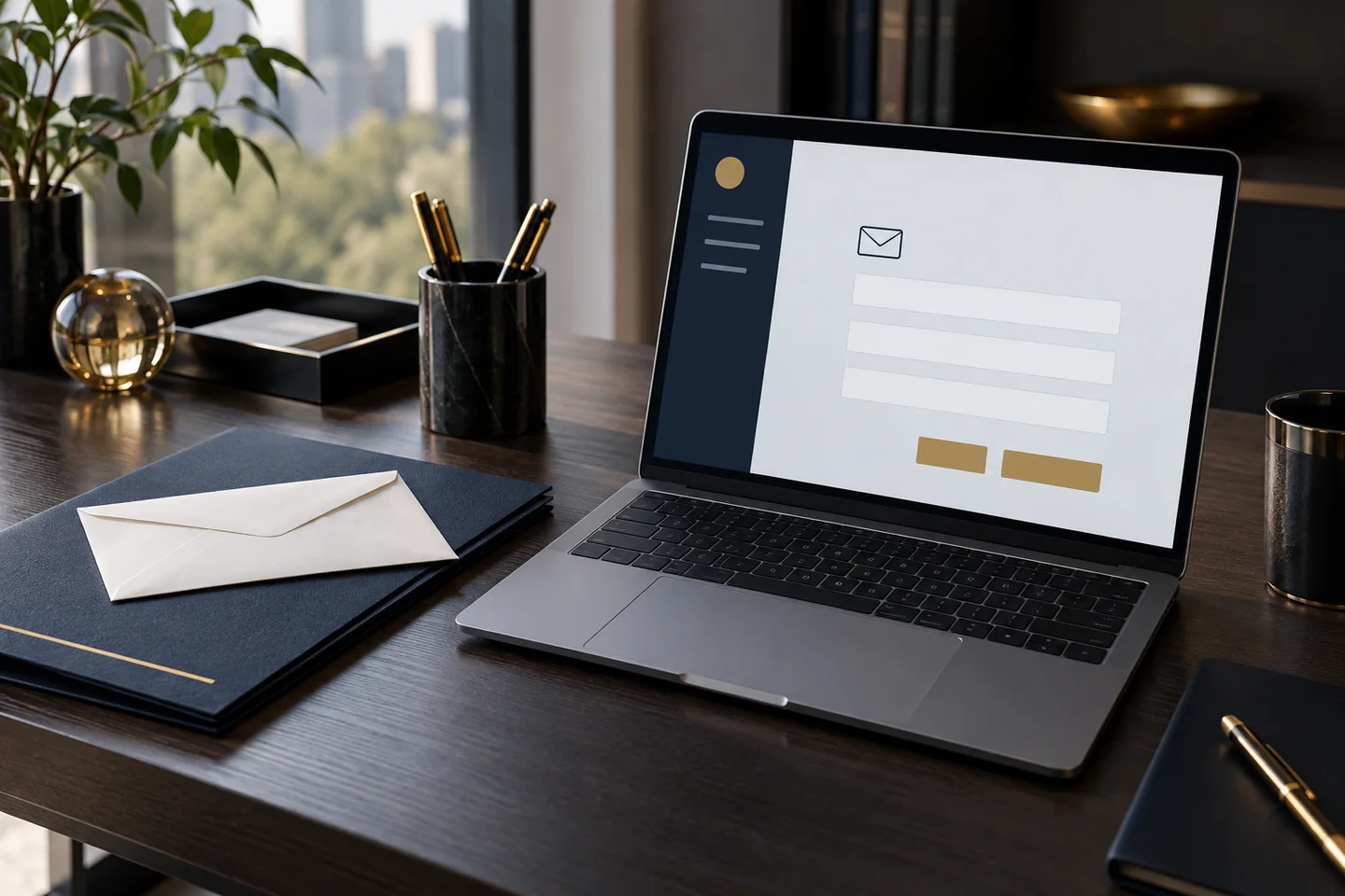 Cena ilustrativa: Computador com interface ilustrativa de recebimento e acompanhamento de relatos.