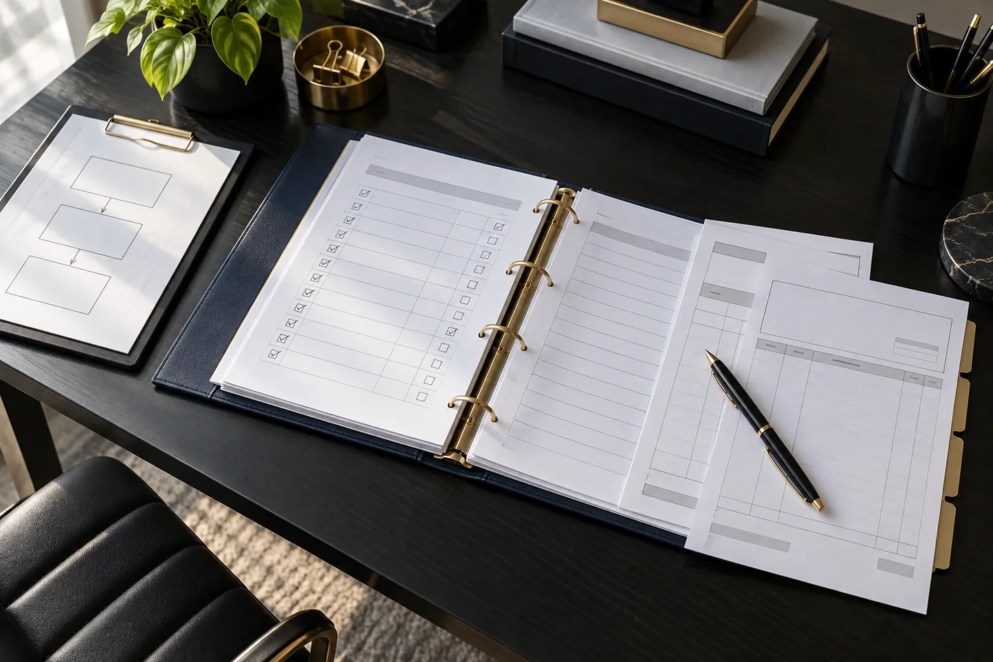 Illustrative scene: Folders, supporting documents and checklists for reviewing controls.