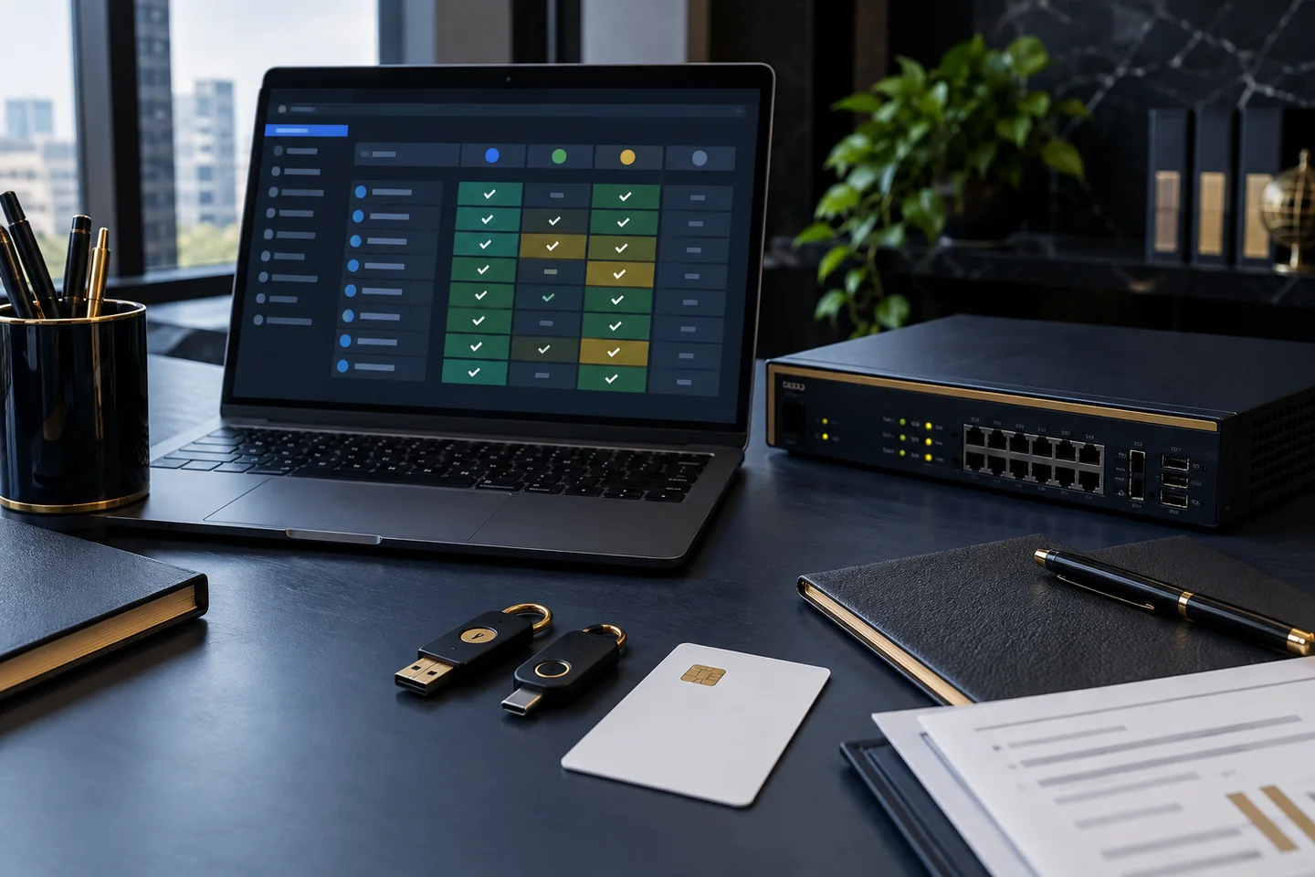 Illustrative scene: Security keys, an access card and a computer displaying a permissions matrix.
