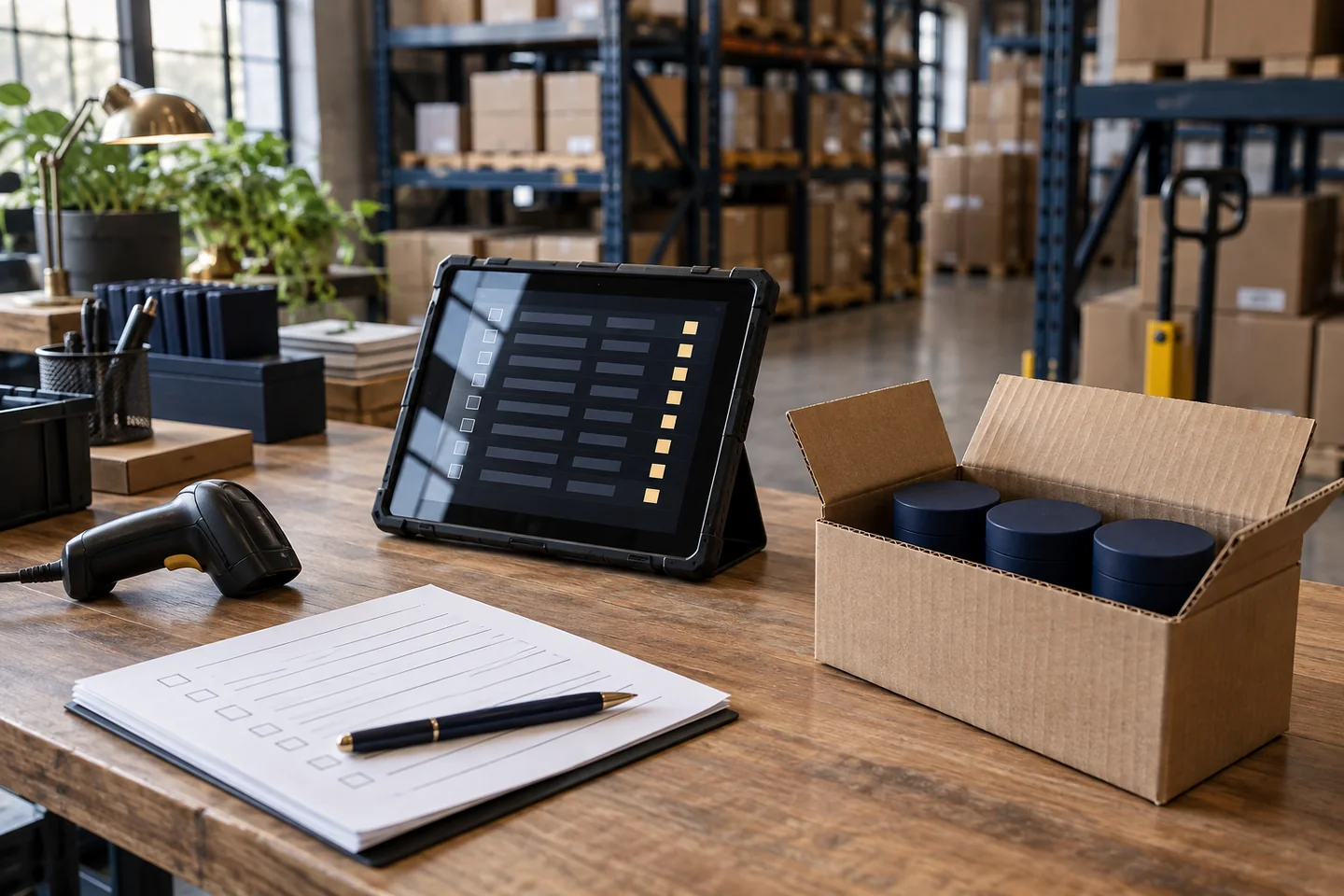 Illustrative scene: Documents, inventory records and a tablet for examining possible operational misconduct.