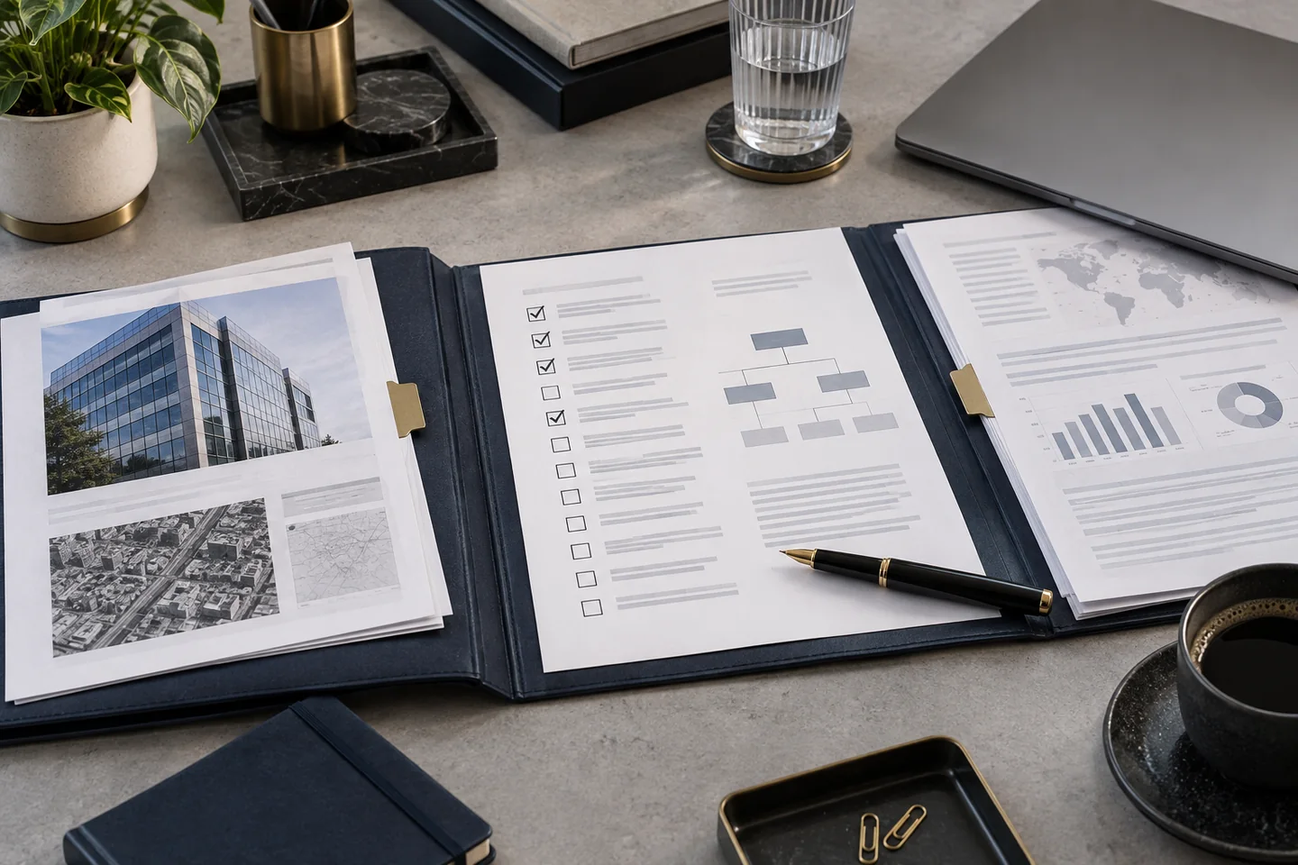 Illustrative scene: Company documents and records arranged for background and relationship checks.