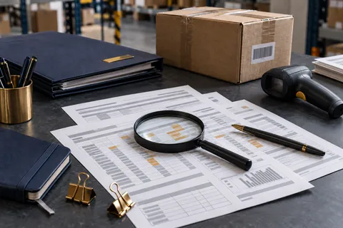 Cena ilustrativa: Documentos de compra, registros de estoque e mercadorias organizados para apuração de fraude.