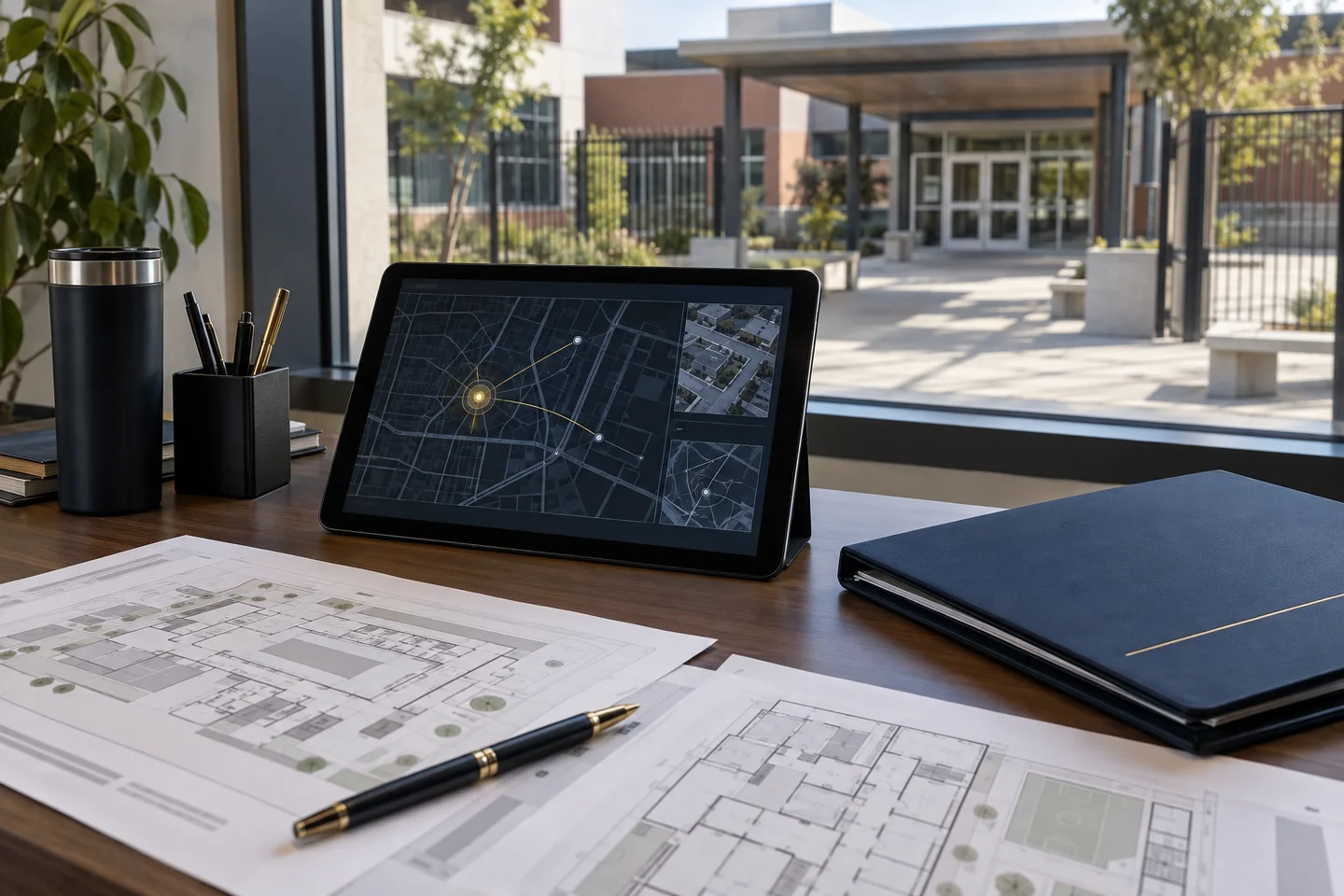 Cena ilustrativa: Tablet com mapa de alertas e plantas de uma instituição de ensino vazia.