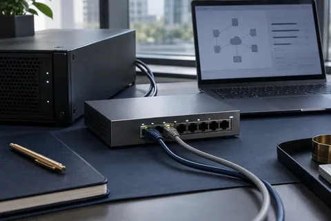 Illustrative scene: Network equipment and a computer prepared for authorised security testing.