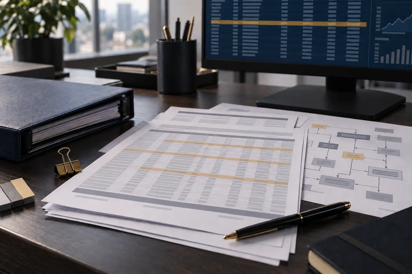 Illustrative scene: Documents, transaction records and a relationship map for third-party investigation.